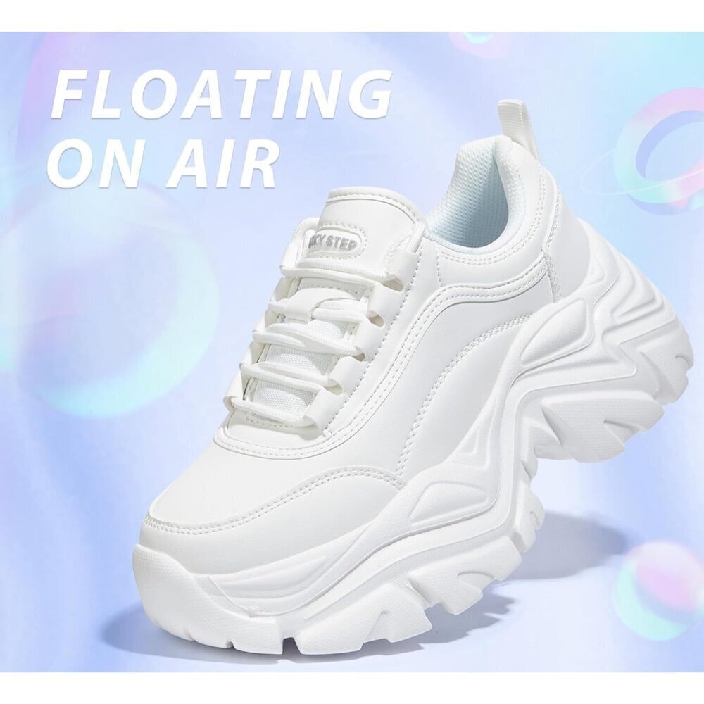 Women's White Chunky Rubber Platform Casual Lace-Up Walking Sneaker Shoes - Picture 3 of 9